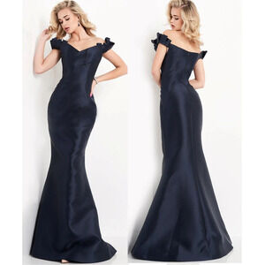 JVN by Jovani Off The Shoulder Tafetta Mermaid Long Dress Navy Blue Women's 14